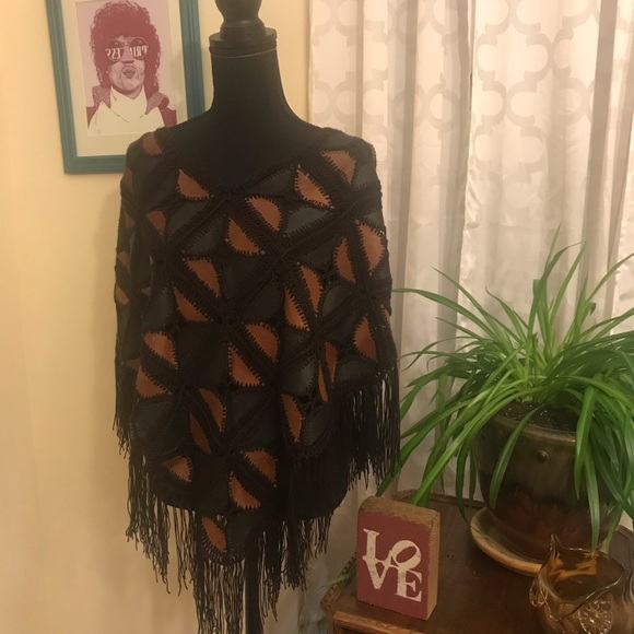 One of a kind crochet and leather poncho - Picture 3 of 5